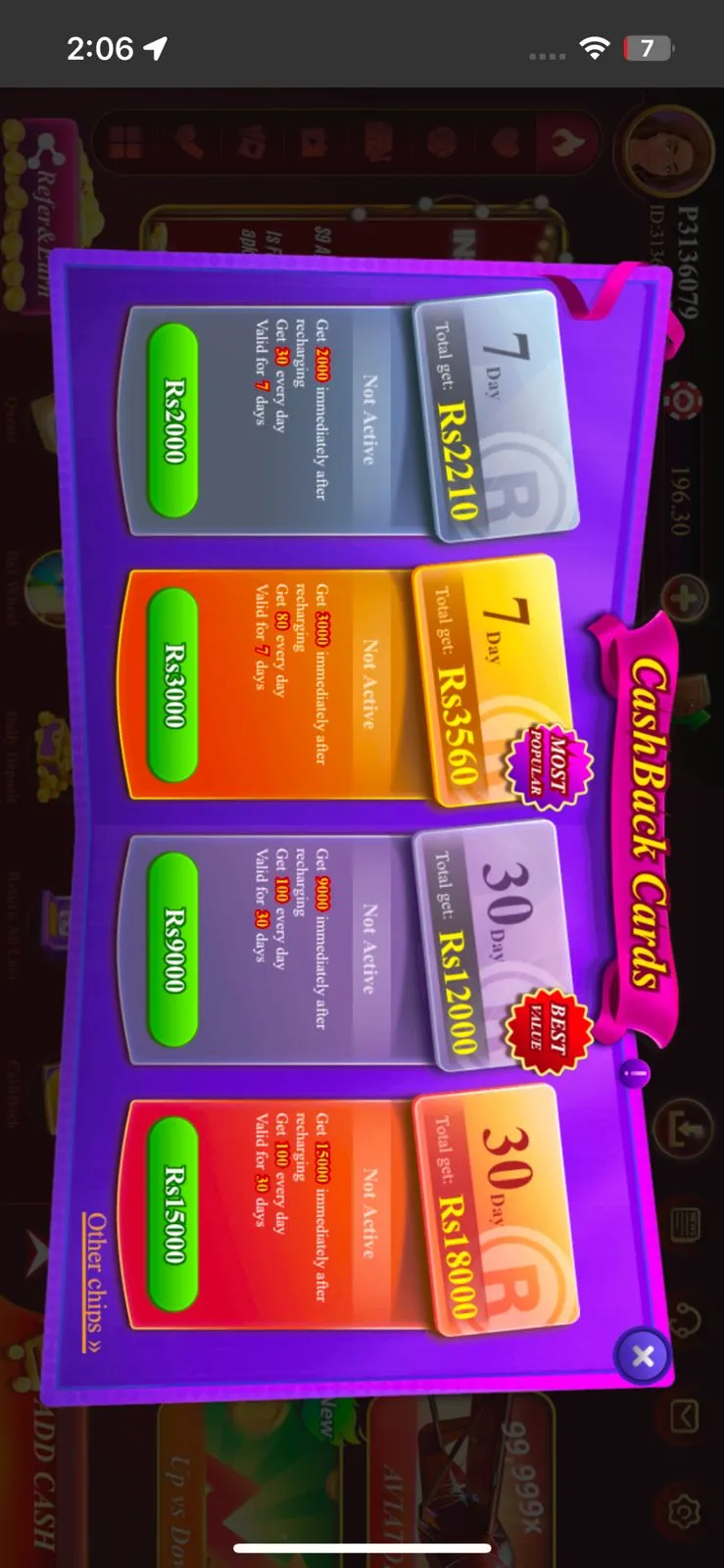 S9 Game cashback cards and bonus rewards screen