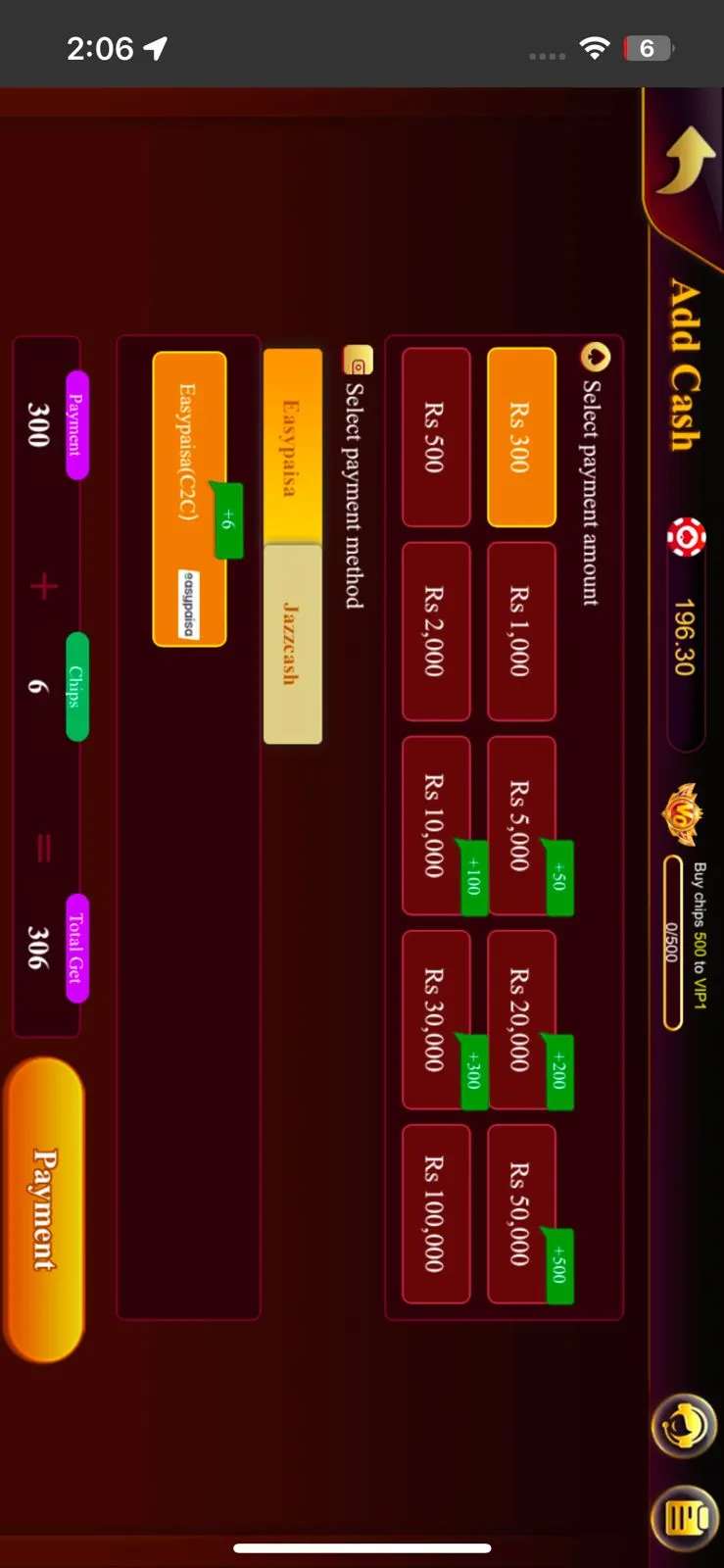 S9 Game deposit screen showing payment method options