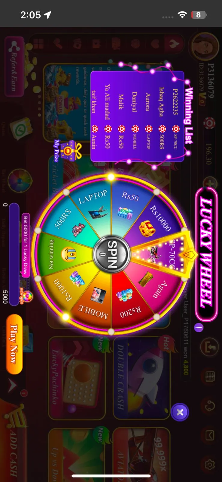 S9 Game lucky wheel login screen with username and password fields
