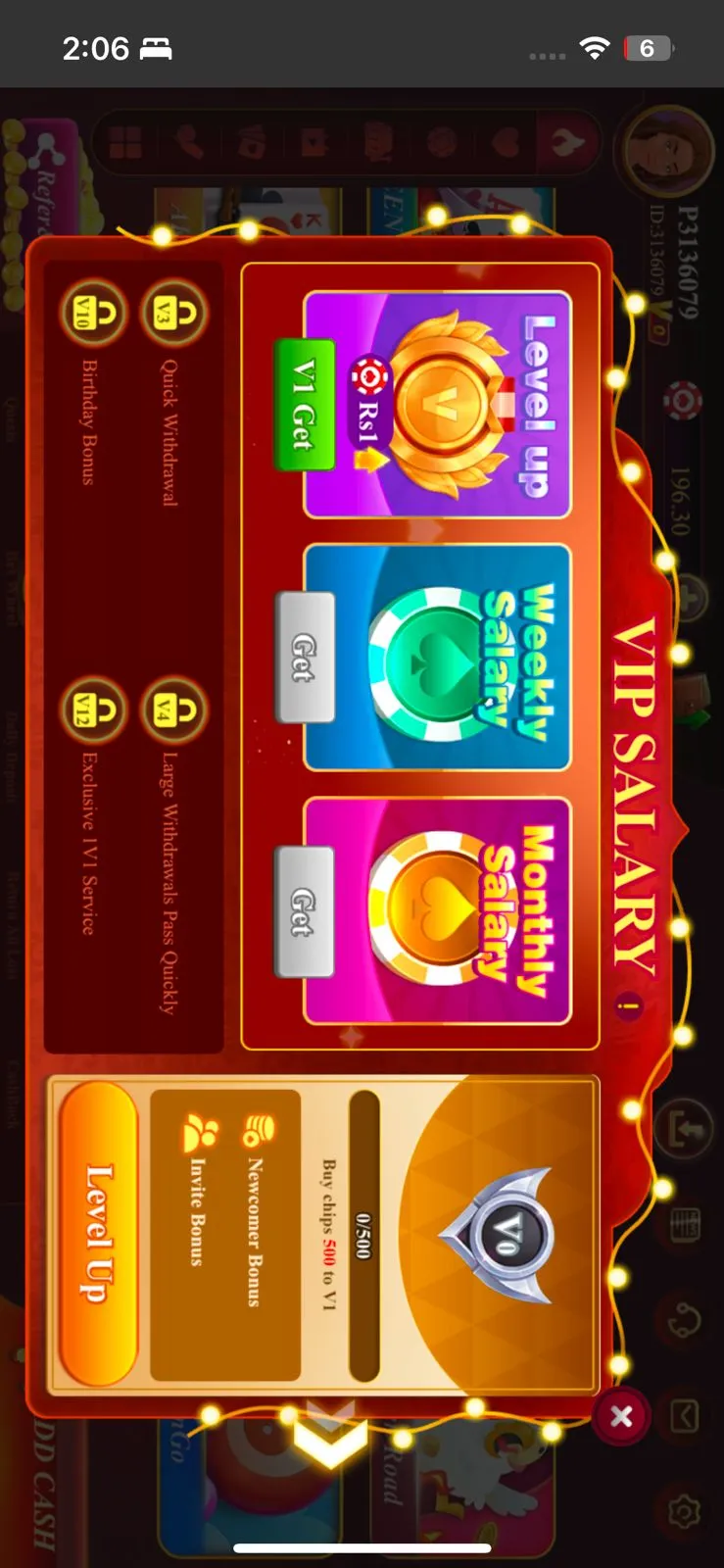 S9 Game VIP rewards and membership benefits screen